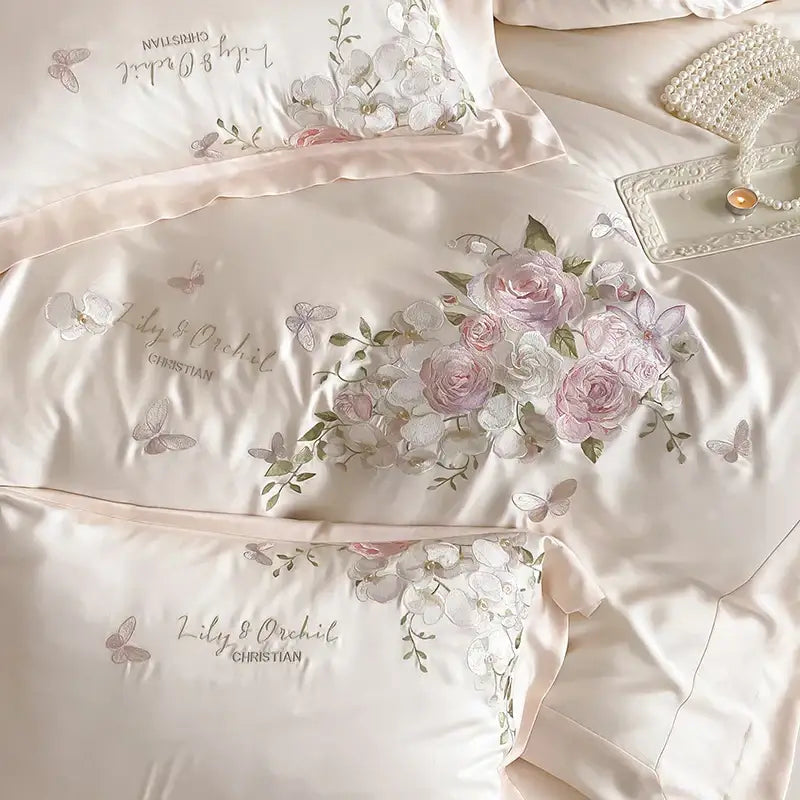 Cream satin bedding set with delicate pink and white butterfly flowers embroidery for elegant decorbites butterfly flowers decor
