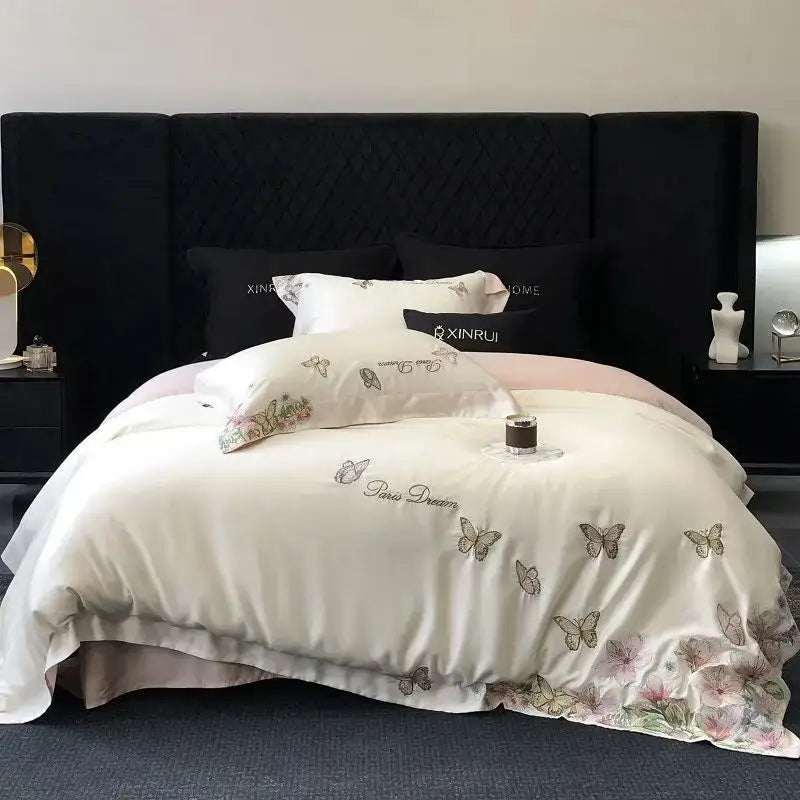Cream satin bedding set with butterfly flowers embroidery and paris dream script for elegant bedroom decorbites style