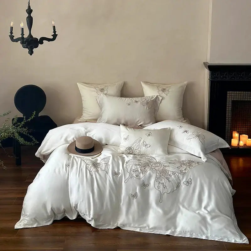 White satin bedding set with delicate silver butterfly flowers embroidery for elegant bedroom decorbites butterfly flowers