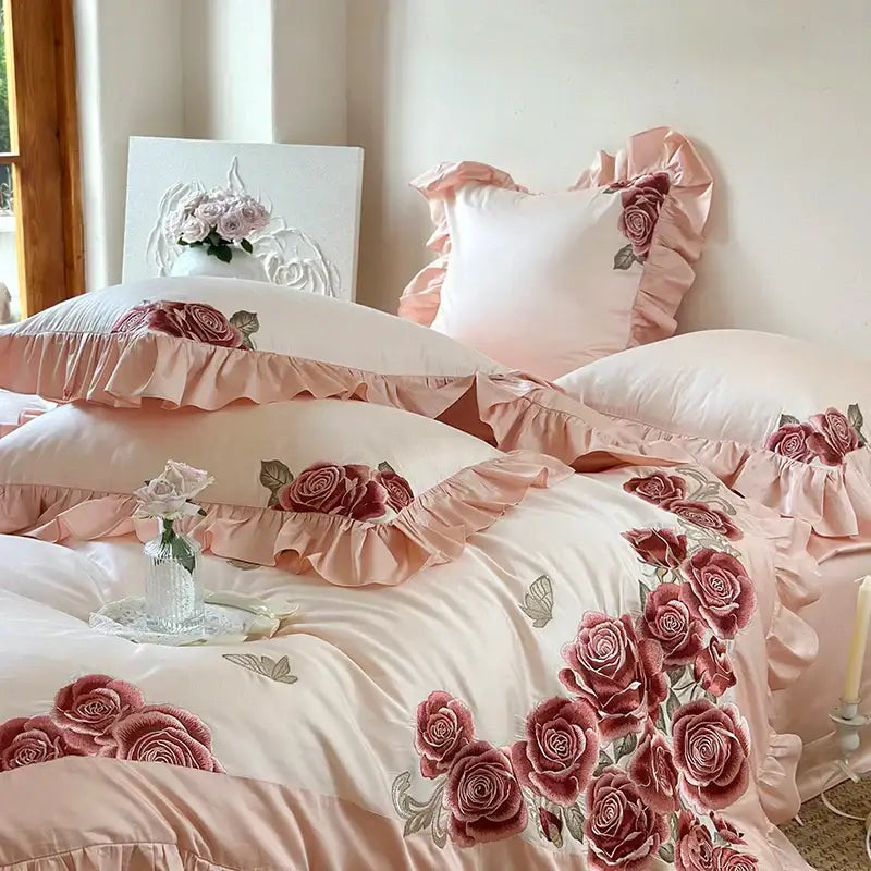 Pink satin bedding set with butterfly flowers embroidery ruffled edges and rose pattern for elegant bedroom decorbites decor