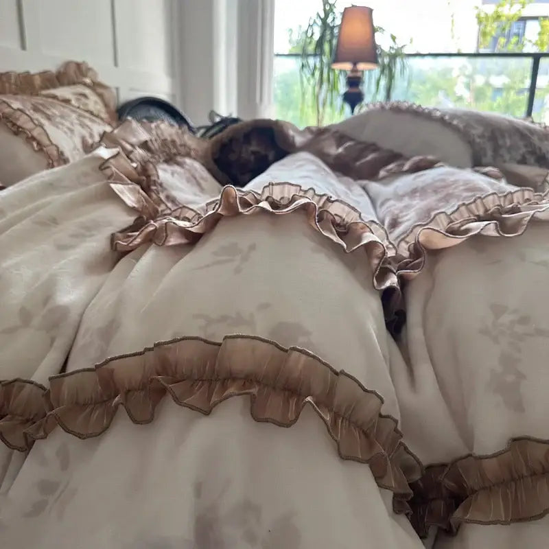 Cream-colored satin bedding set with beige ruffles and floral embroidery decorbites butterfly flowers lace design