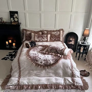 A cream and brown velvet butterfly flowers lace bedding set with intricate floral patterns and delicate ruffled edges