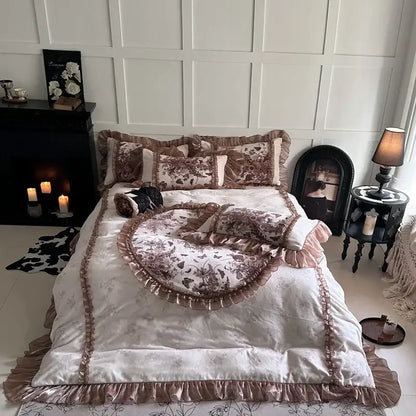 A cream and brown velvet butterfly flowers lace bedding set with intricate floral patterns and delicate ruffled edges