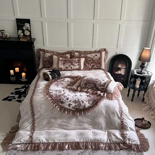 A cream and brown velvet butterfly flowers lace bedding set with intricate floral patterns and delicate ruffled edges