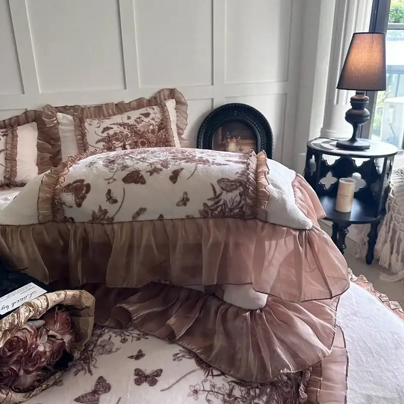 Soft layered ruffled bedding set in muted pink cream with decorbites butterfly flowers lace printed velvet material