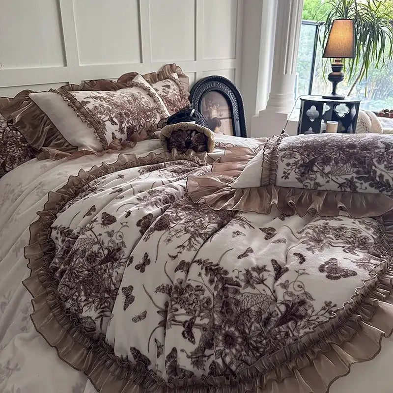 Cream-colored bedding set with decorbites butterfly flowers lace pattern and soft taupe velvet ruffles for bedroom decor