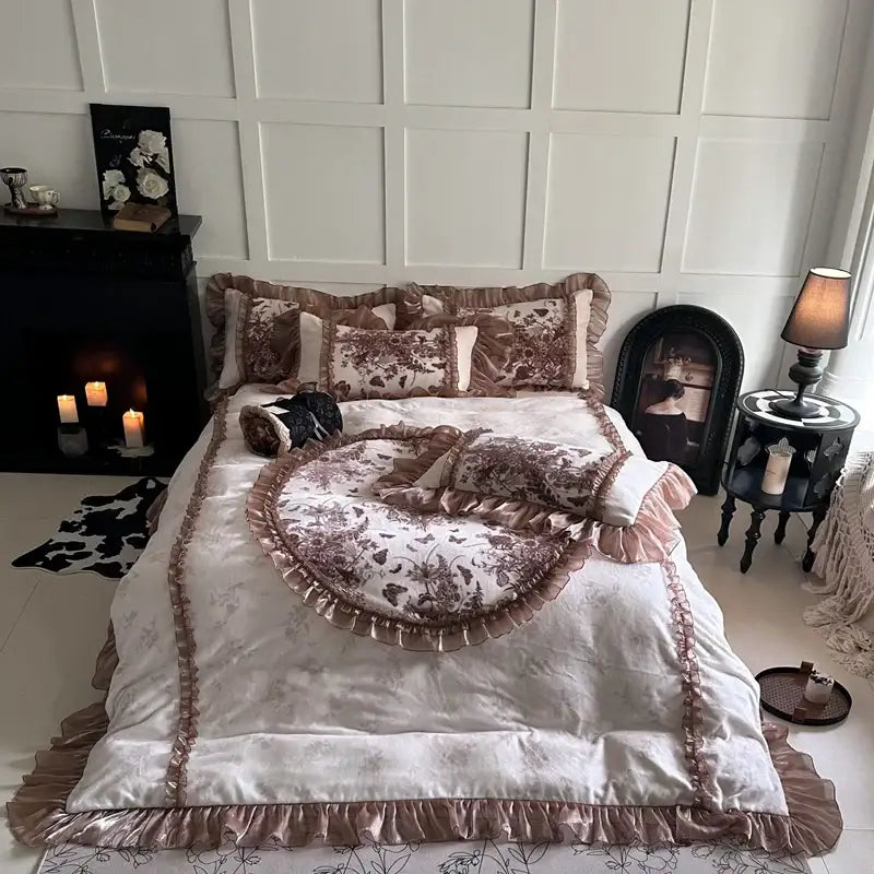 A cream and brown velvet bedding set with butterfly flowers lace pattern and delicate ruffled edges decorbites butterfly flowers