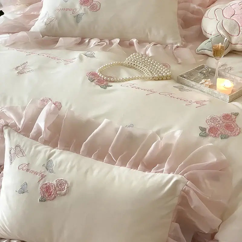 Ivory satin bedding set with blush pink ruffles and embroidered butterfly flowers lace by decorbites butterfly flowers