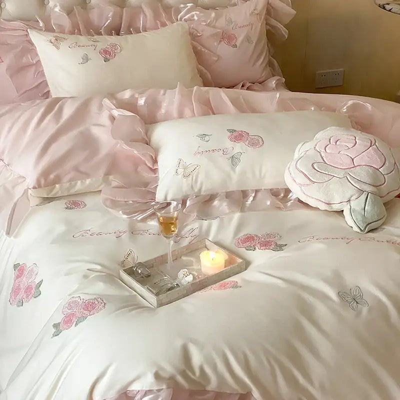Pink satin ruffled bedding set with embroidered roses and butterflies for decorbites butterfly flowers lace decor