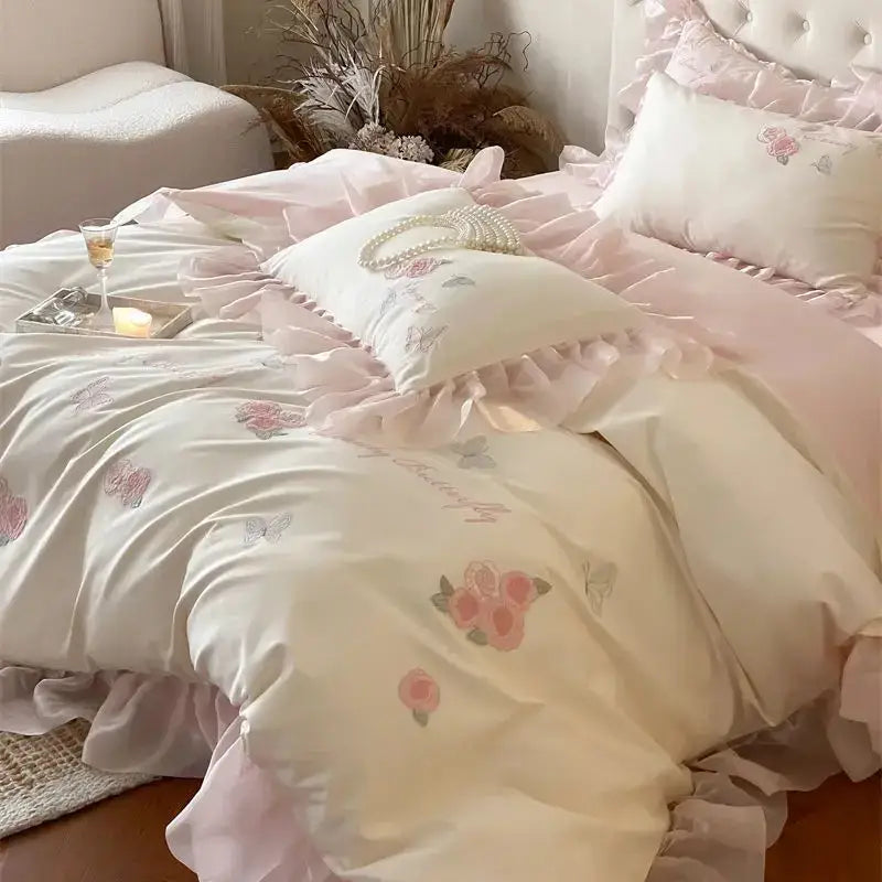 Pastel pink and cream bedding set with butterfly flowers lace ruffles and floral embroidery for bedroom decorbites butterfly flowers