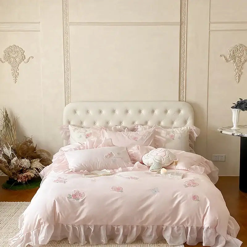 Pink satin bedding set with delicate butterfly flowers lace embroidery and ruffled edges for elegant bedroom decorbites butterfly flowers