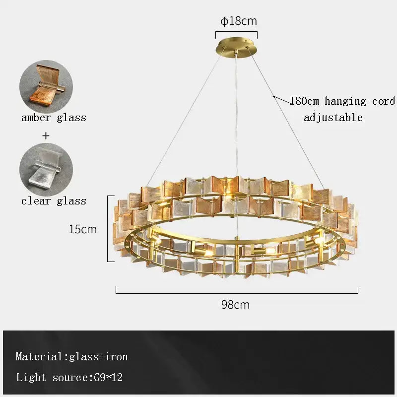 Gold-toned decorbites butterfly glass chandelier with double-ring design and amber clear glass panels for dining room decor