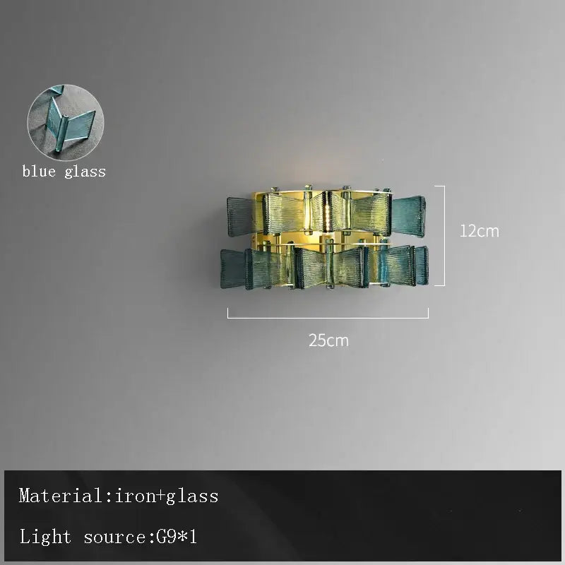 A decorbites butterfly glass chandelier with layered blue glass panels and gold iron frame for dining room decor
