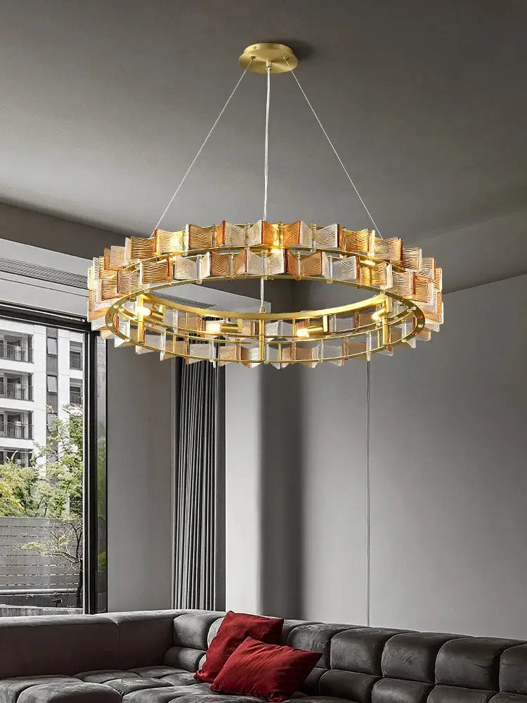 Gold-toned decorbites butterfly glass chandelier with geometric glass panels and modern layered design for dining room lighting