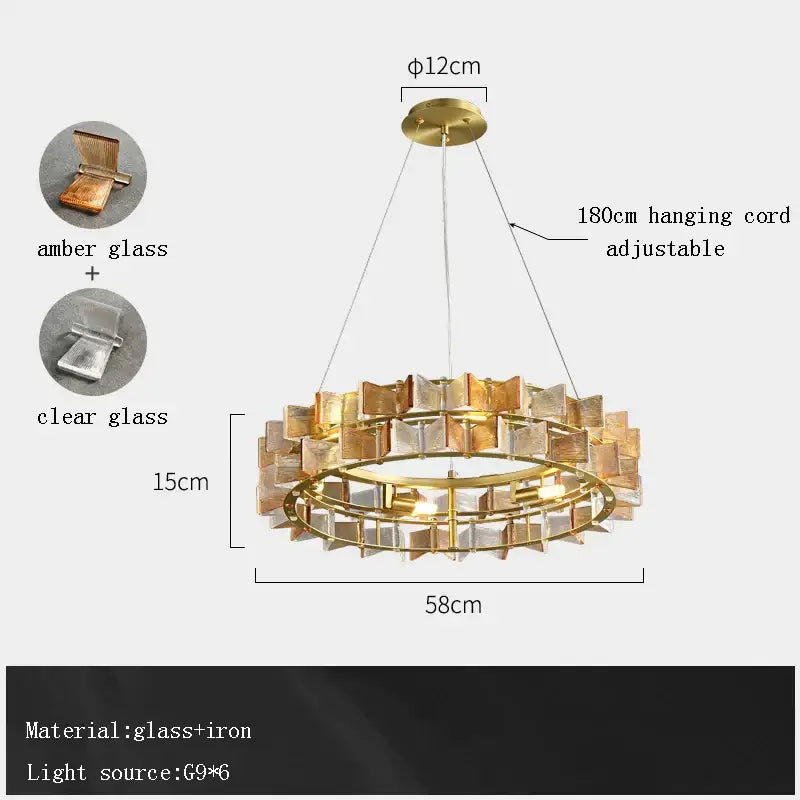 Gold-toned decorbites butterfly glass chandelier with circular frame and amber clear glass cubes for dining room decor