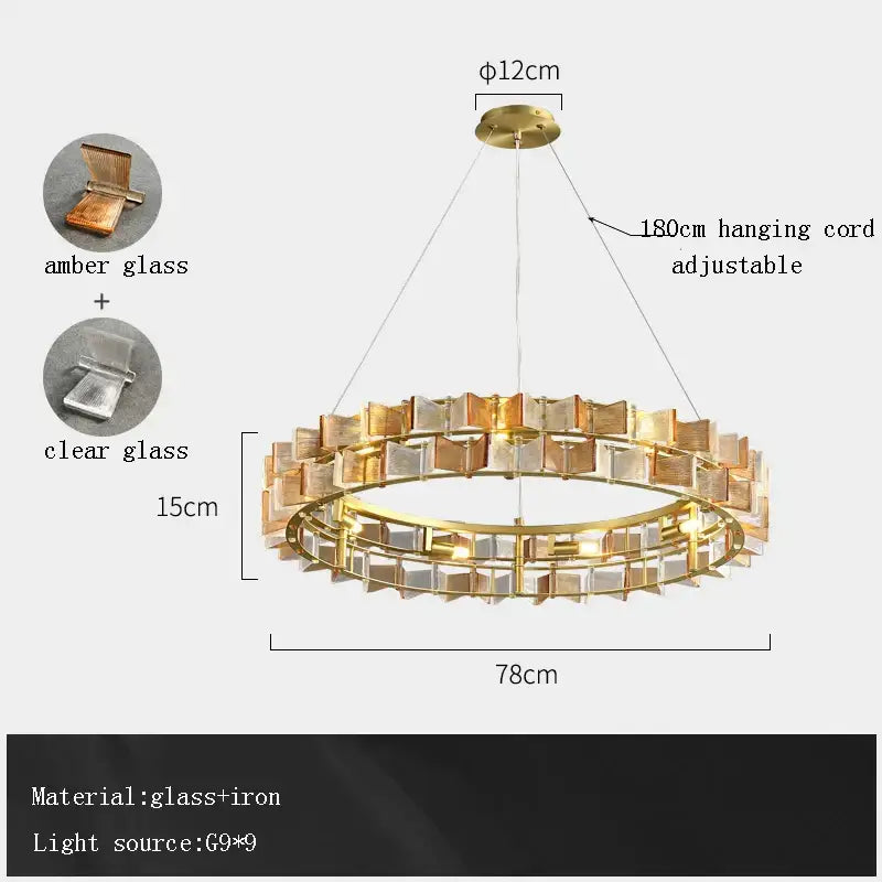 Gold-toned decorbites butterfly glass chandelier with amber and clear panels in double-ring design for dining room lighting
