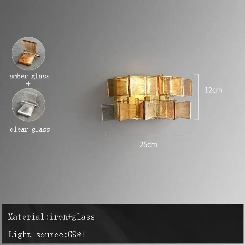 Gold-toned decorbites butterfly glass wall sconce with geometric amber and clear glass panels in iron frame for dining room