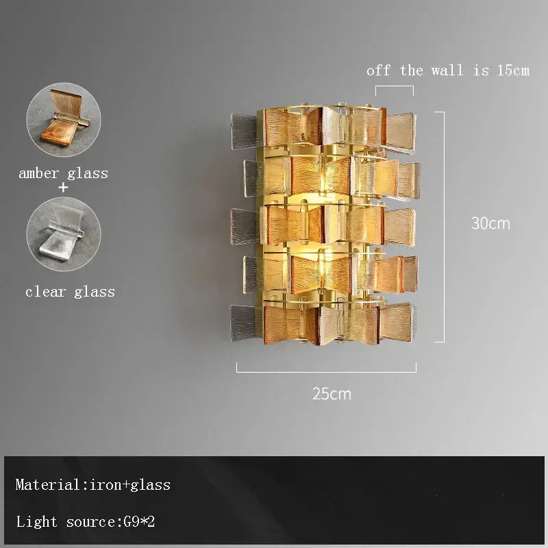 Gold-toned decorbites butterfly glass wall sconce with stacked amber and clear glass panels for modern dining room decor