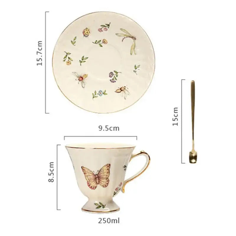 Cream-colored porcelain butterfly gold ceramic cup and saucer set with hand-painted floral and gold trim designs