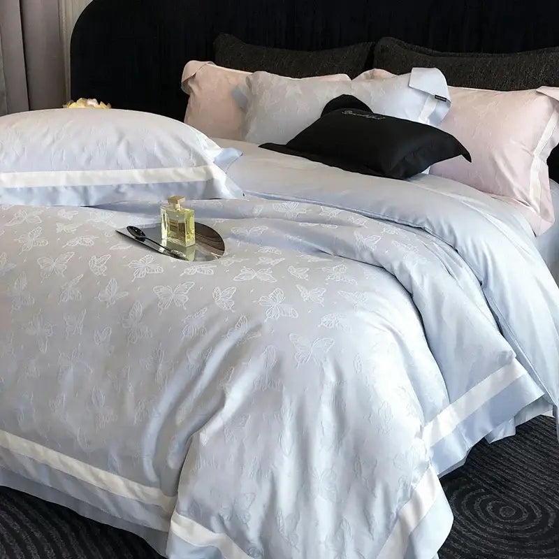 Light blue butterfly jacquard bedding set with white trim featuring decorbites butterfly jacquard duvet cover
