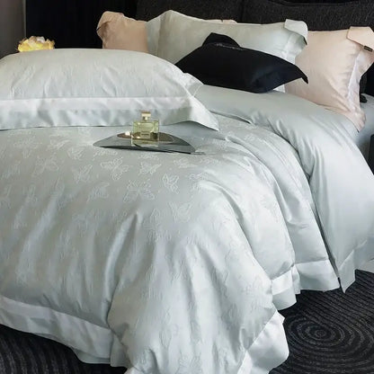 Light blue satin duvet cover with delicate white butterfly embroidery from decorbites butterfly jacquard bedding set
