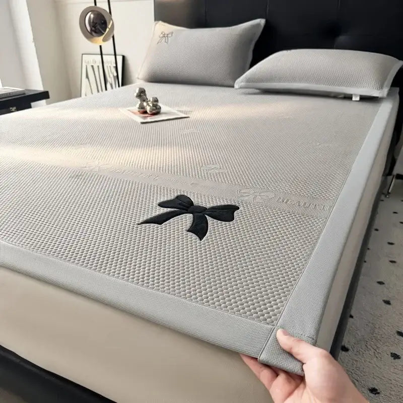 Gray mesh cooling mattress pad with black embroidered bow design for decorbites butterfly knot jacquard cool mat set
