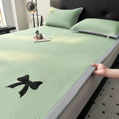 Light green mesh cool mat with butterfly knot jacquard black bow appliqué and gray border by decorbites
