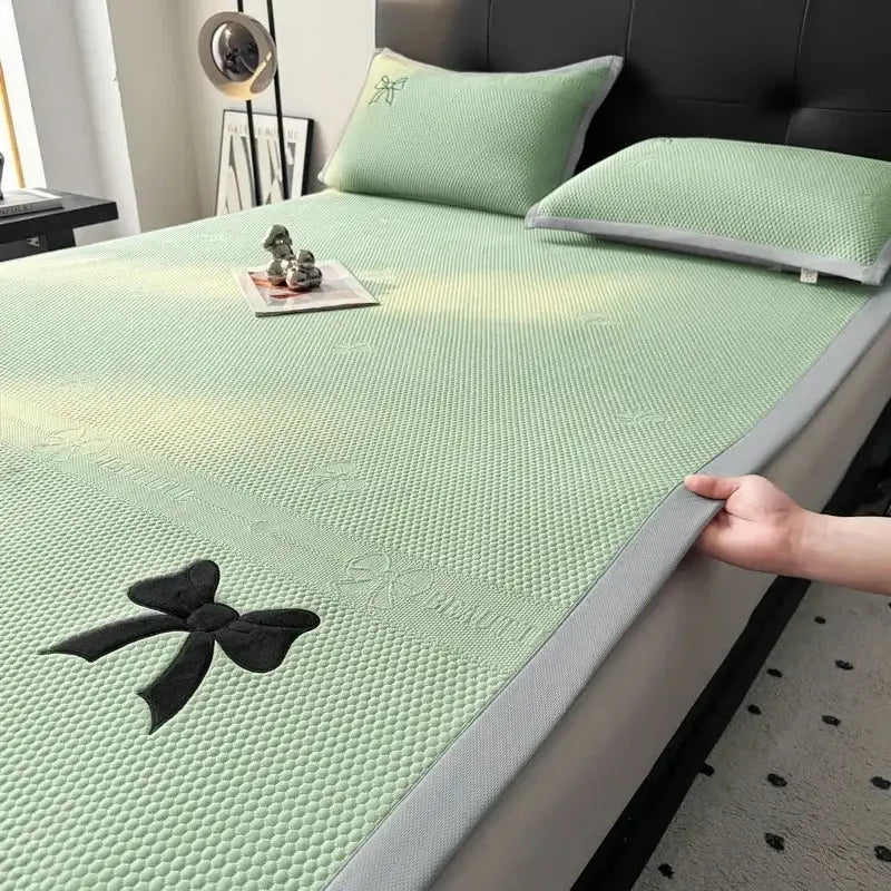 Light green mesh cool mat with butterfly knot jacquard black bow appliqué and gray border by decorbites