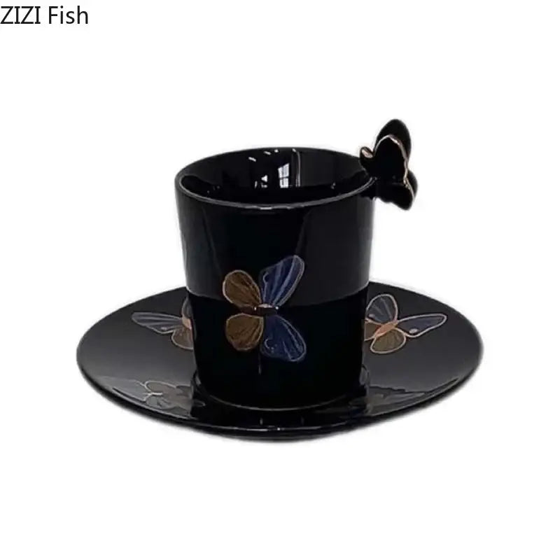 Black ceramic butterfly pattern ceramic cup and saucer set with hand-painted blue brown and silver butterflies perfect for decorbites butterfly pattern decor