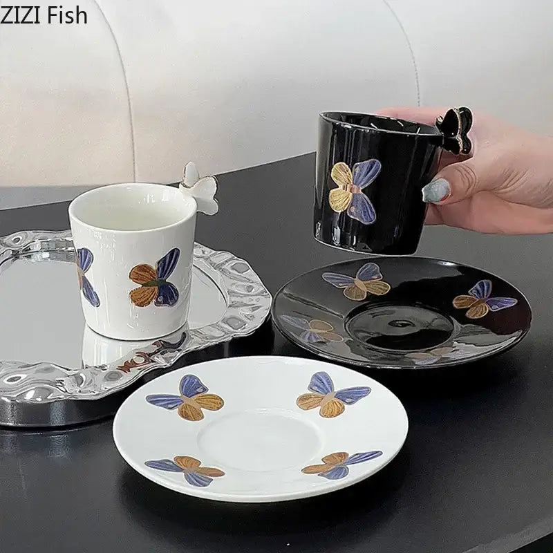 Black ceramic pattern ceramic cup with gold-blue decorbites butterfly pattern and butterfly handle for dining room use