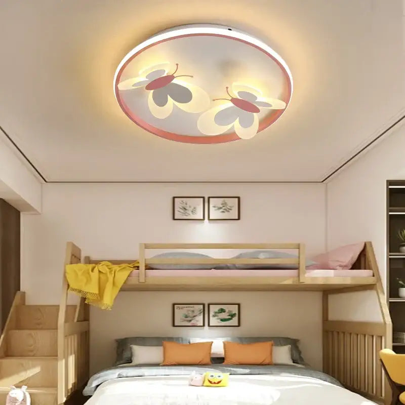 Butterfly pink ceiling light with two stylized pastel butterflies and warm led ring for kids room decorbites butterfly pink