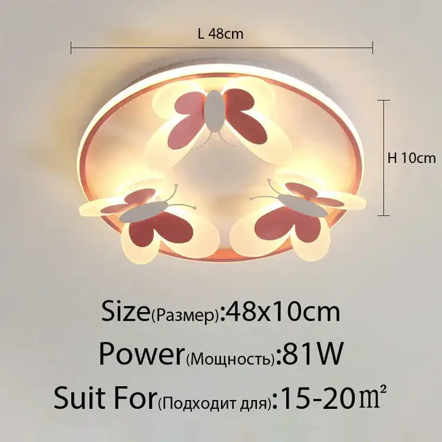 Round ceiling light with three pink and white butterfly designs illuminated by warm led lighting for kids room decorbites butterfly pink