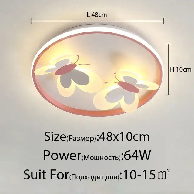 Round ceiling light with two illuminated butterfly designs and a soft white and peach frame butterfly pink ceiling decorbites