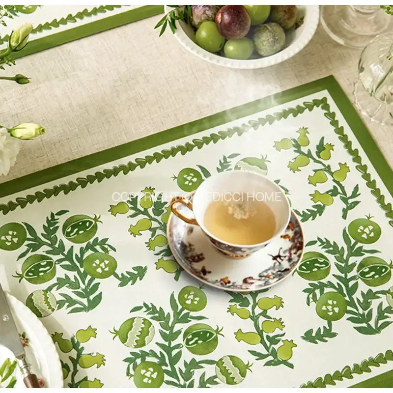 Green pomegranate-patterned butterfly print placemat with decorative border for decorbites butterfly print decor