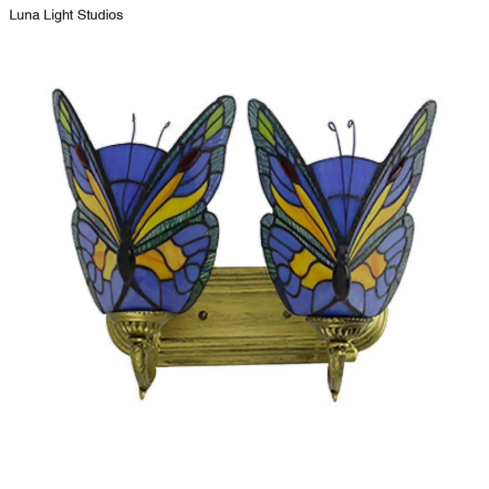 Butterfly Sconce Stained Glass Rustic Vanity Lighting with 2 Lights in Brass for Lodge Décor