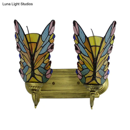 Butterfly Sconce Stained Glass Rustic Vanity Lighting with 2 Lights in Brass for Lodge Décor