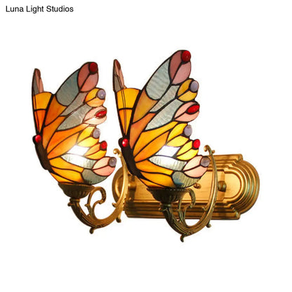 Butterfly Sconce Stained Glass Rustic Vanity Lighting with 2 Lights in Brass for Lodge Décor