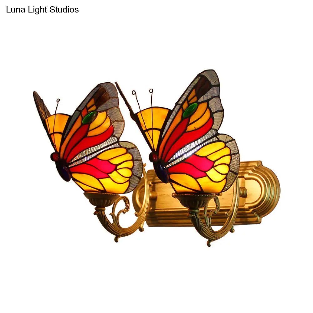 Butterfly Sconce Stained Glass Rustic Vanity Lighting with 2 Lights in Brass for Lodge Décor