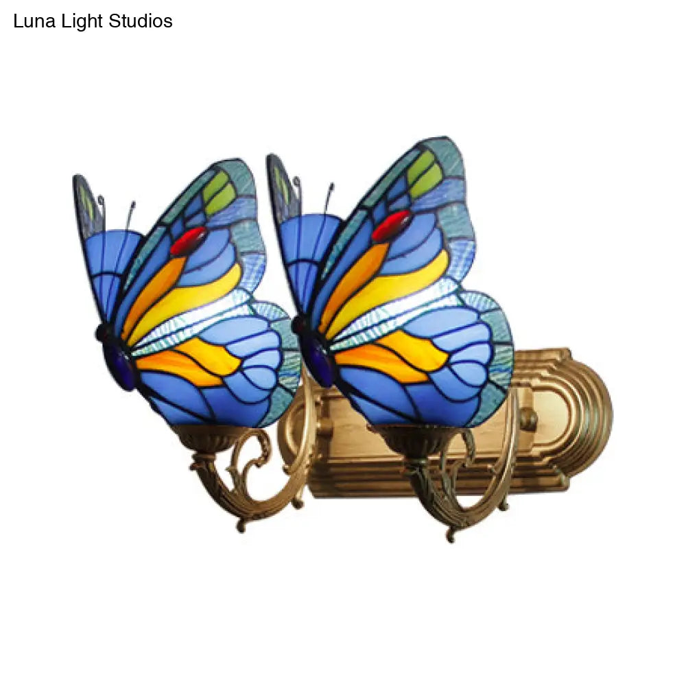Butterfly Sconce Stained Glass Rustic Vanity Lighting with 2 Lights in Brass for Lodge Décor