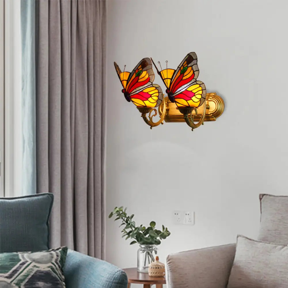 Butterfly Sconce Stained Glass Rustic Vanity Lighting with 2 Lights in Brass for Lodge Décor