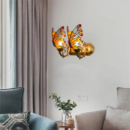 Butterfly Sconce Stained Glass Rustic Vanity Lighting with 2 Lights in Brass for Lodge Décor