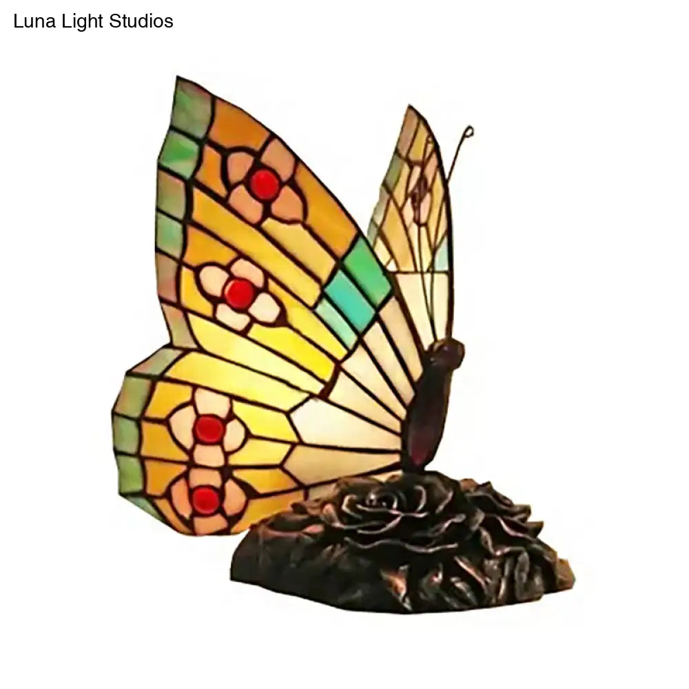 Butterfly Stained Glass Mini Decorative Table Lamp - Red/Yellow/Green Light for Lodge Ambiance