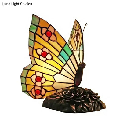 Butterfly Stained Glass Mini Decorative Table Lamp - Red/Yellow/Green Light for Lodge Ambiance