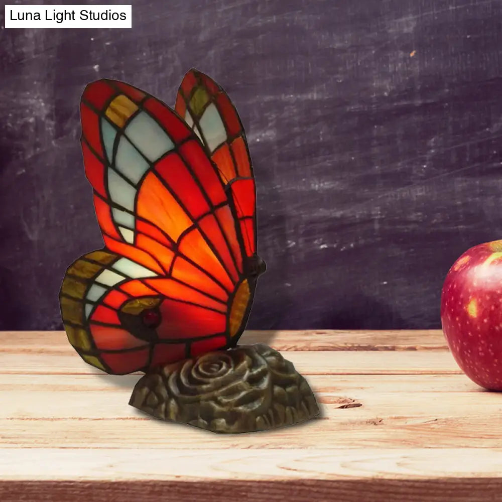 Butterfly Stained Glass Mini Decorative Table Lamp - Red/Yellow/Green Light for Lodge Ambiance