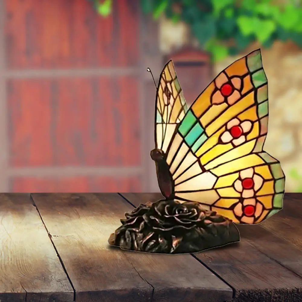 Butterfly Stained Glass Mini Decorative Table Lamp - Red/Yellow/Green Light for Lodge Ambiance