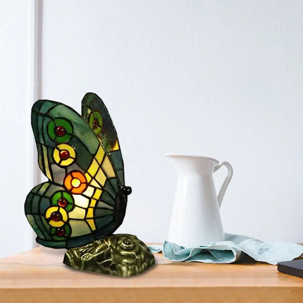 Butterfly Stained Glass Mini Decorative Table Lamp - Red/Yellow/Green Light for Lodge Ambiance