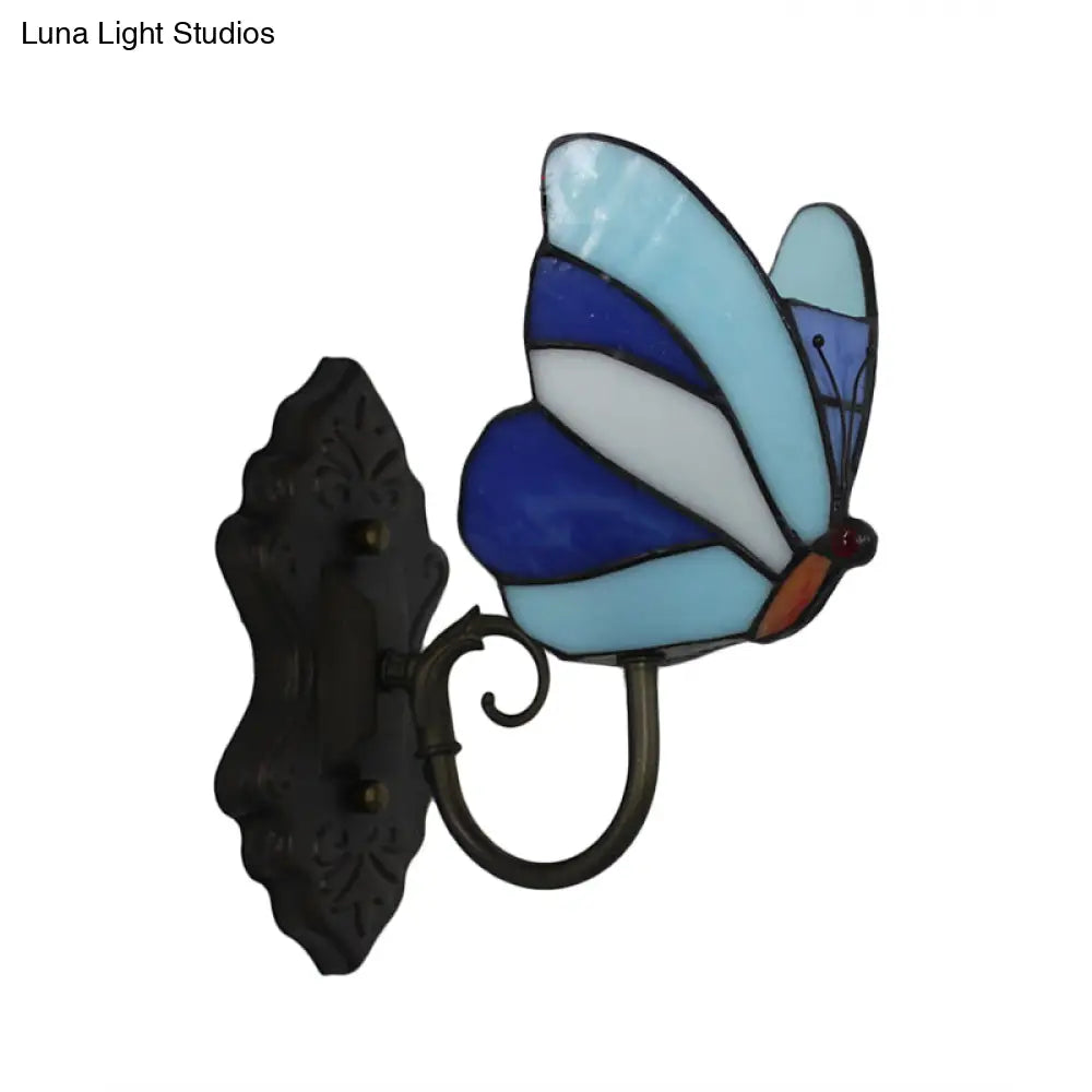 Butterfly Stained Glass Wall Lamp: Art Deco Bedroom Lighting in Yellow and Pink/Blue