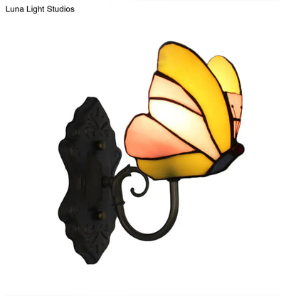 Butterfly Stained Glass Wall Lamp: Art Deco Bedroom Lighting in Yellow and Pink/Blue