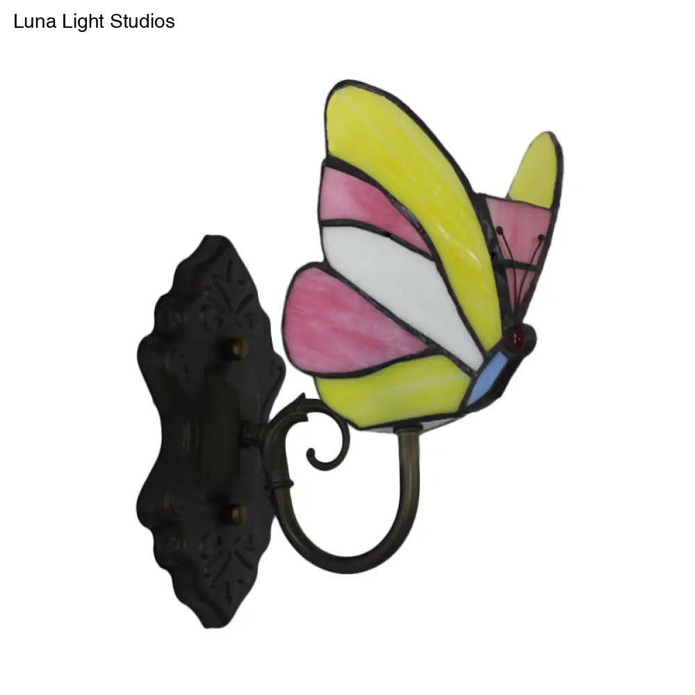 Butterfly Stained Glass Wall Lamp: Art Deco Bedroom Lighting in Yellow and Pink/Blue