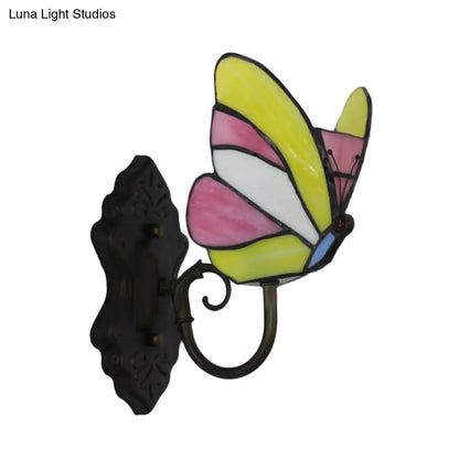Butterfly Stained Glass Wall Lamp: Art Deco Bedroom Lighting in Yellow and Pink/Blue